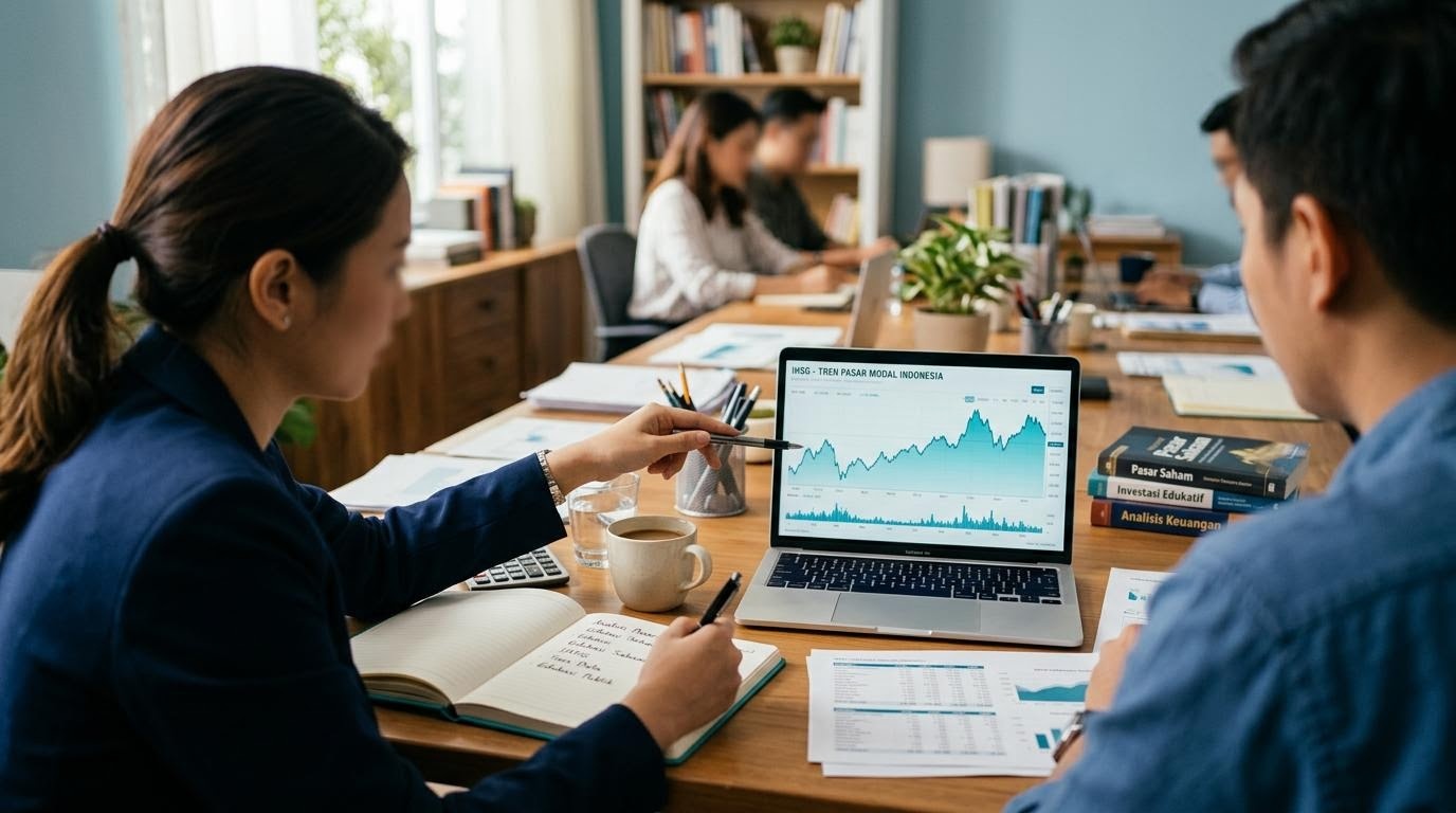 Suasana meja kerja tim editorial IDX Edukatif yang menelaah data pasar
