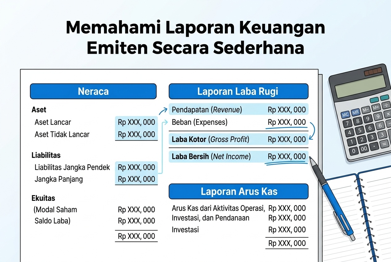 Lembar laporan keuangan emiten dengan neraca dan pendapatan